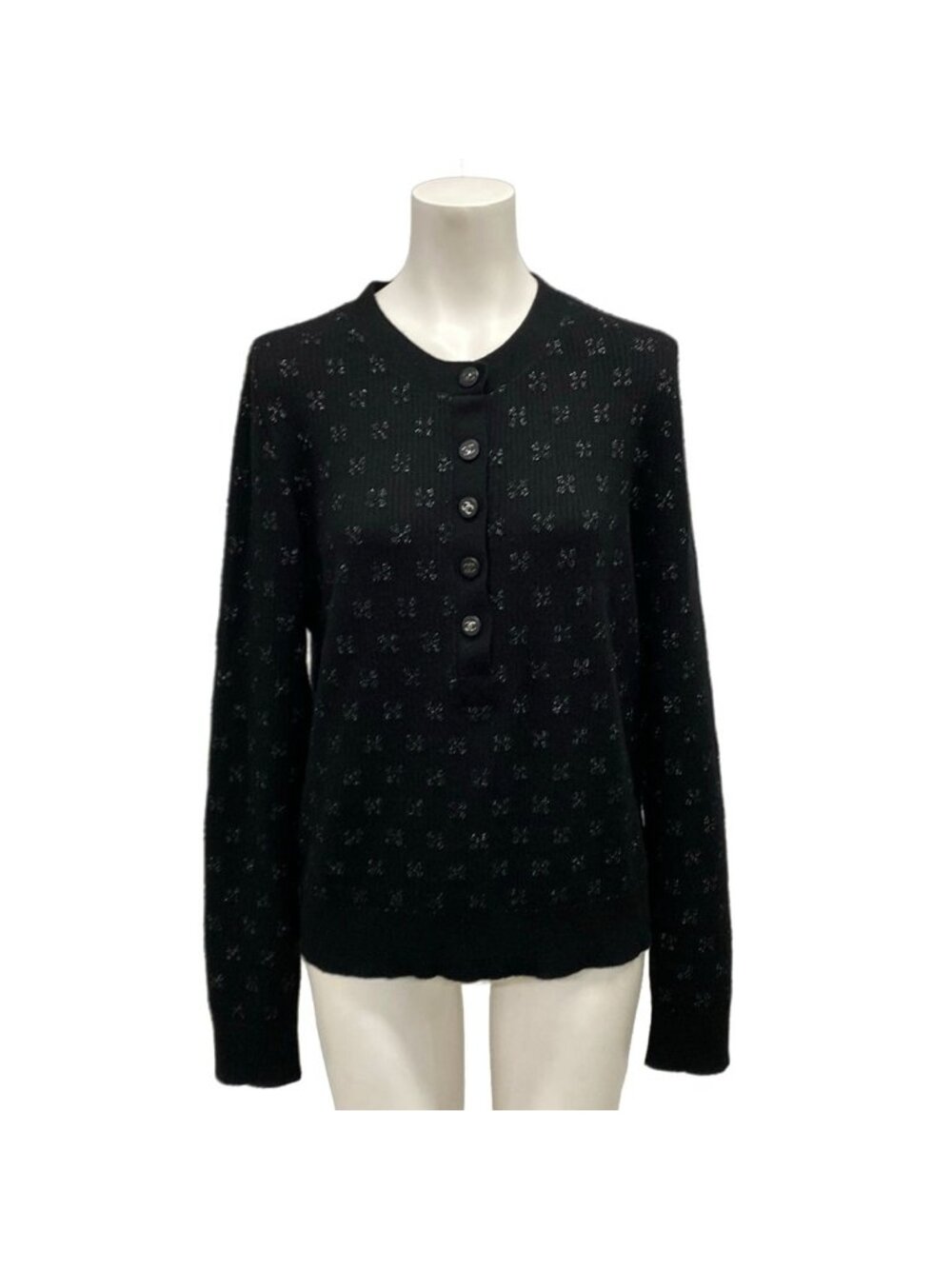 Chanel Long Sleeve Sweater 38 M Black 38 Pullover Lame Coco Button Cashmere